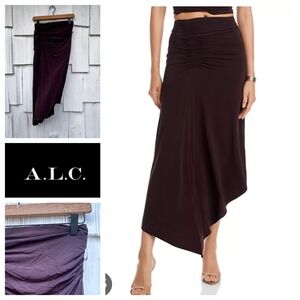 ALC Adeline Ruched Asymmetric Midi Skirt Chocolate Brown Elastane Size S
